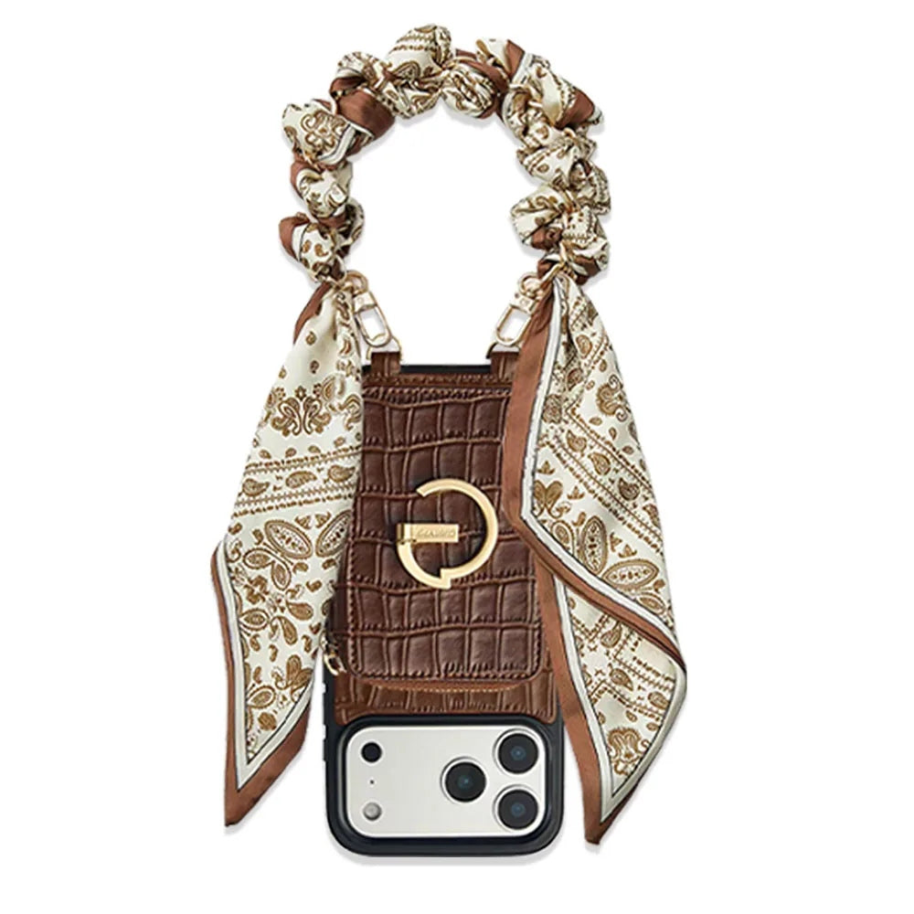 Custype Crocodile Pattern Leather with Pouch & Silk Scarf Wrist Strap เคสกันกระแทกสำหรับ iPhone 17 Pro Max