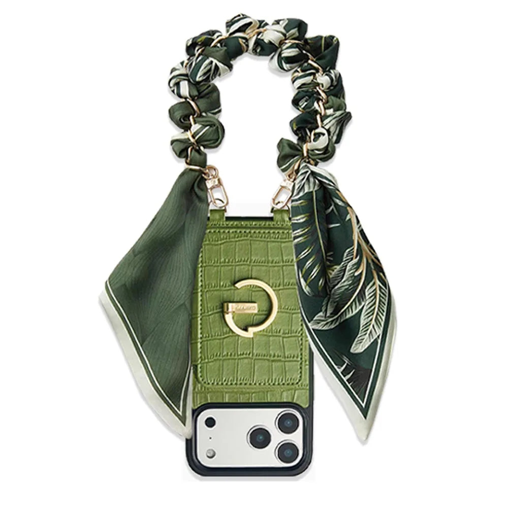 Custype Crocodile Pattern Leather with Pouch & Silk Scarf Wrist Strap เคสกันกระแทกสำหรับ iPhone 17 Pro Max