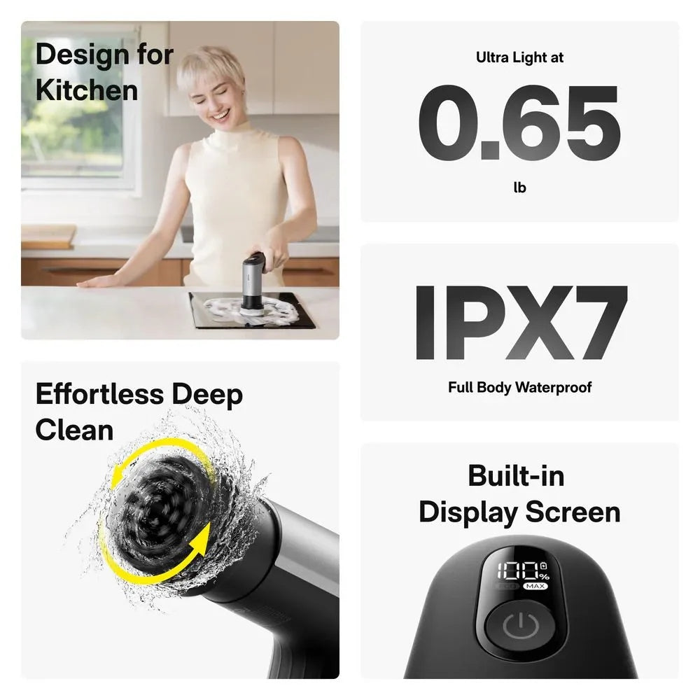 HOTO Grip Cordless Spin Scrubber แปรงขัดไฟฟ้าไร้สาย น้ำหนักเบา 6 หัวแปรงแม่เหล็ก กันน้ำ IPX7