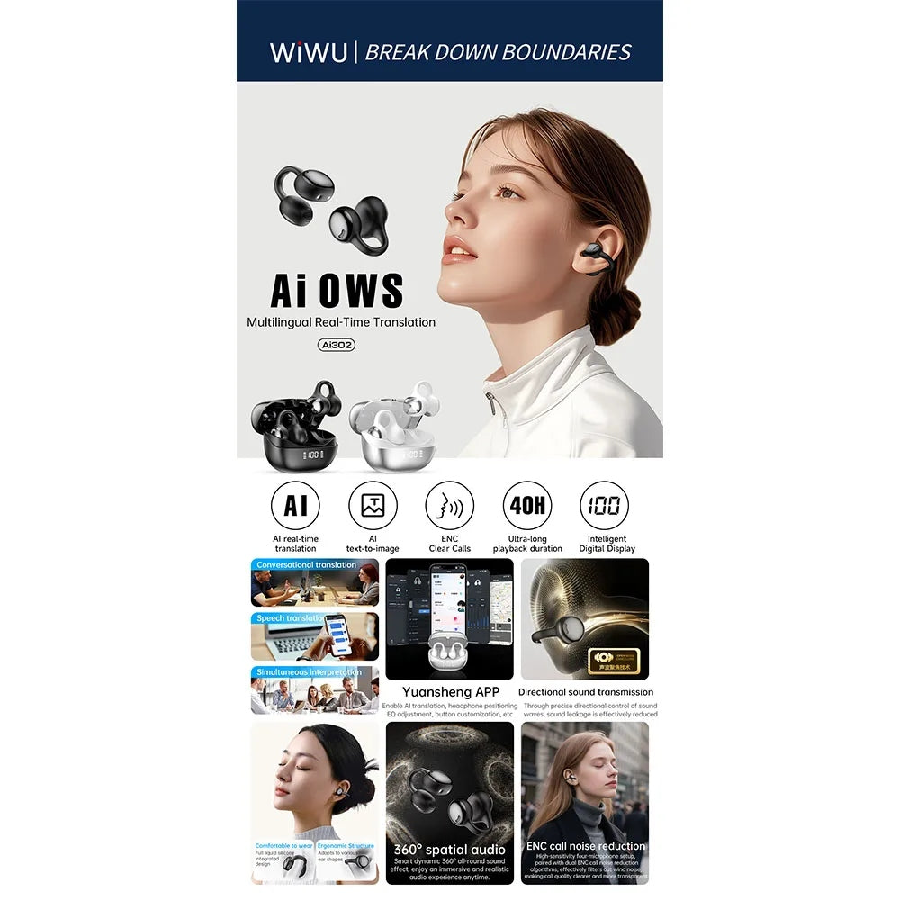 WiWU Ai302 หูฟังไร้สาย เสียงคมชัด มีระบบแปลภาษาอัจฉริยะแบบเรียลไทม์