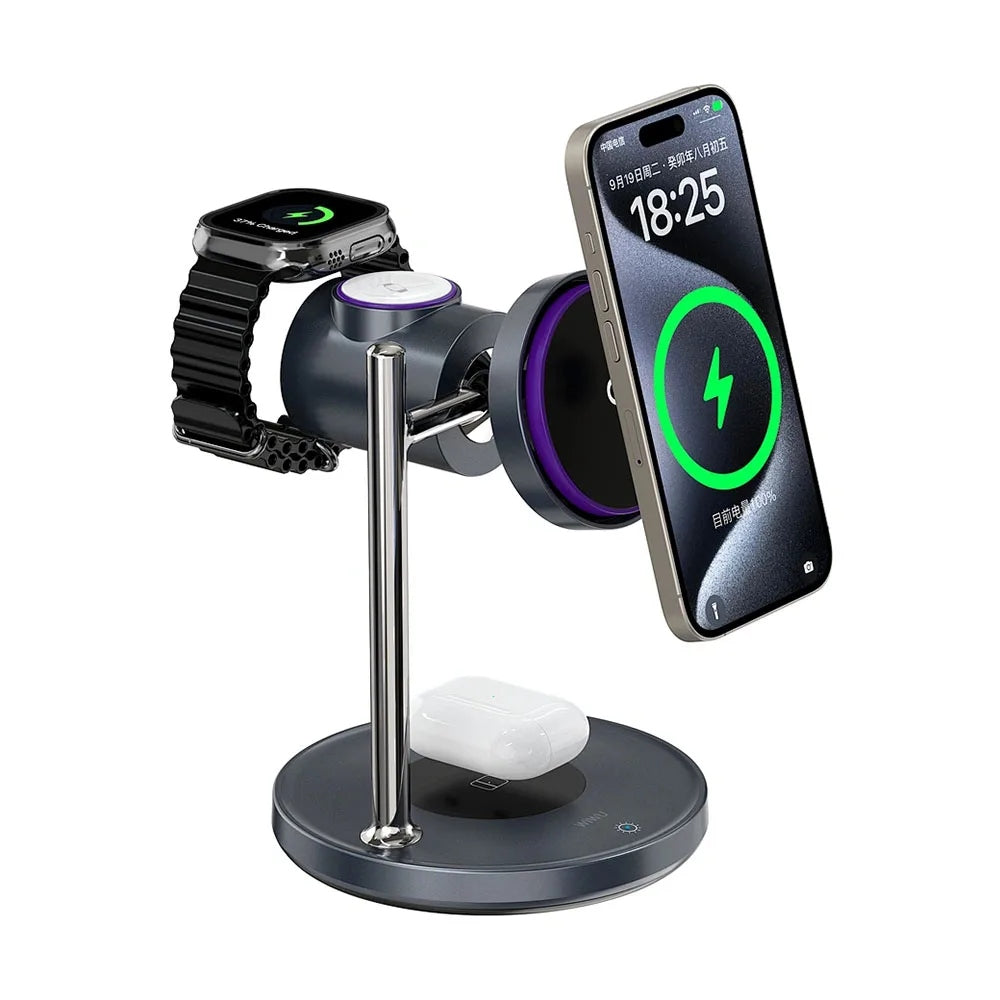 WiWU 3-in-1 Space Station Magnetic Wireless Charger Qi2.2 (Wi-W041) แท่นชาร์จไร้สาย สี Black
