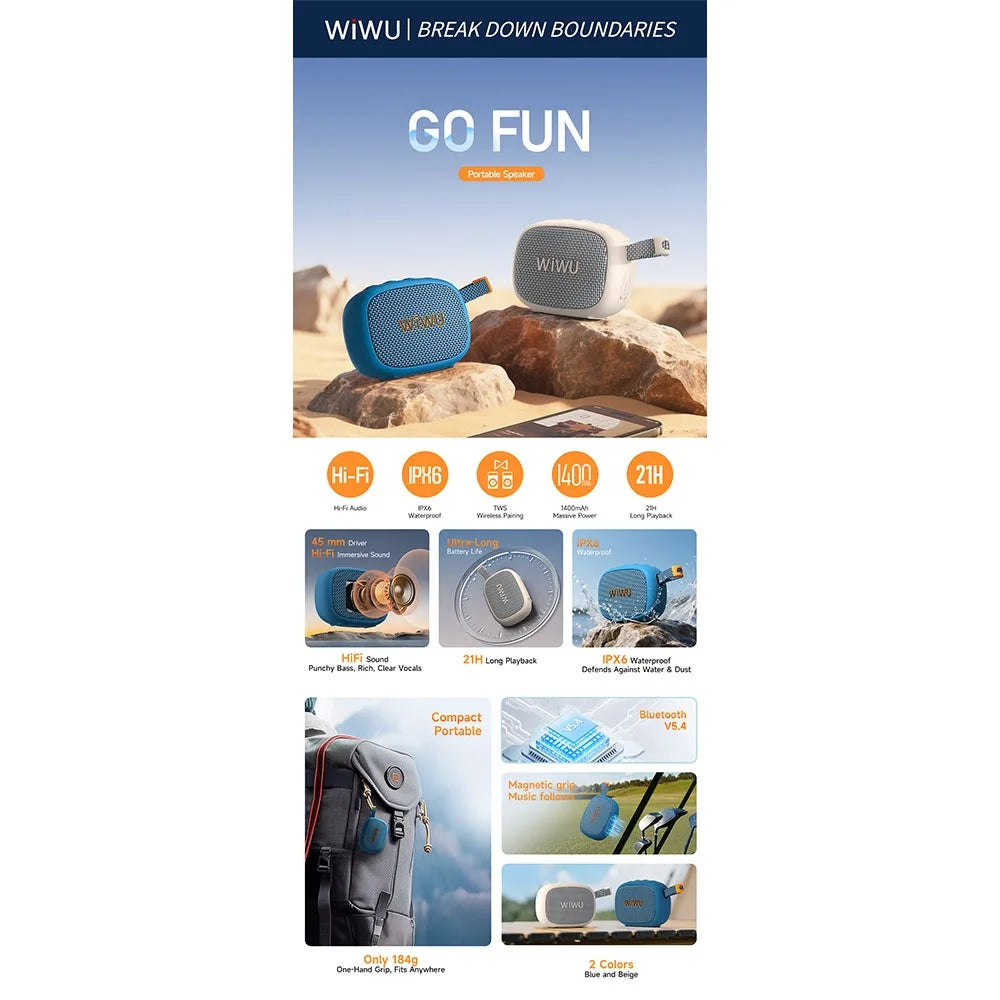 WiWU GO Fun Portable Speaker ลำโพงบลูทูธ กันน้ำ แบตอึด - สี White