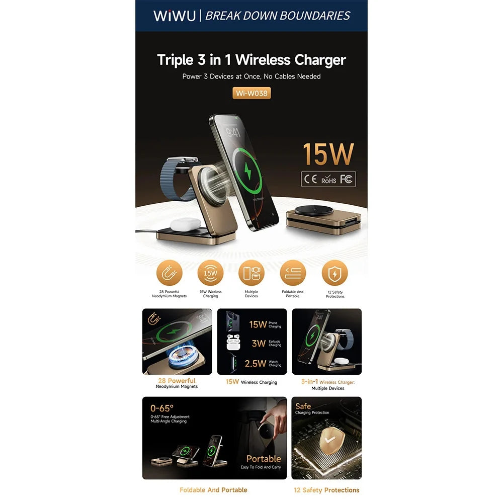 WiWU Triple 3-in-1 Wireless Charger (Wi-W038) แท่นชาร์จไร้สาย สี Gold