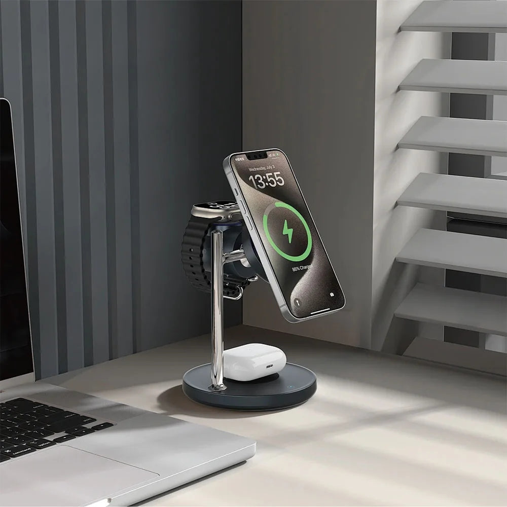 WiWU 3-in-1 Space Station Magnetic Wireless Charger Qi2.2 (Wi-W041) แท่นชาร์จไร้สาย สี Black