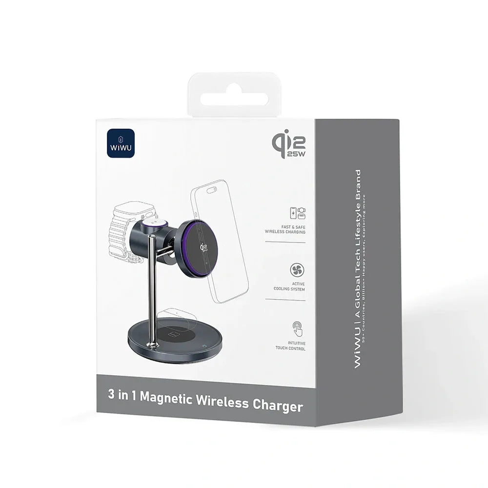 WiWU 3-in-1 Space Station Magnetic Wireless Charger Qi2.2 (Wi-W041) แท่นชาร์จไร้สาย สี Black