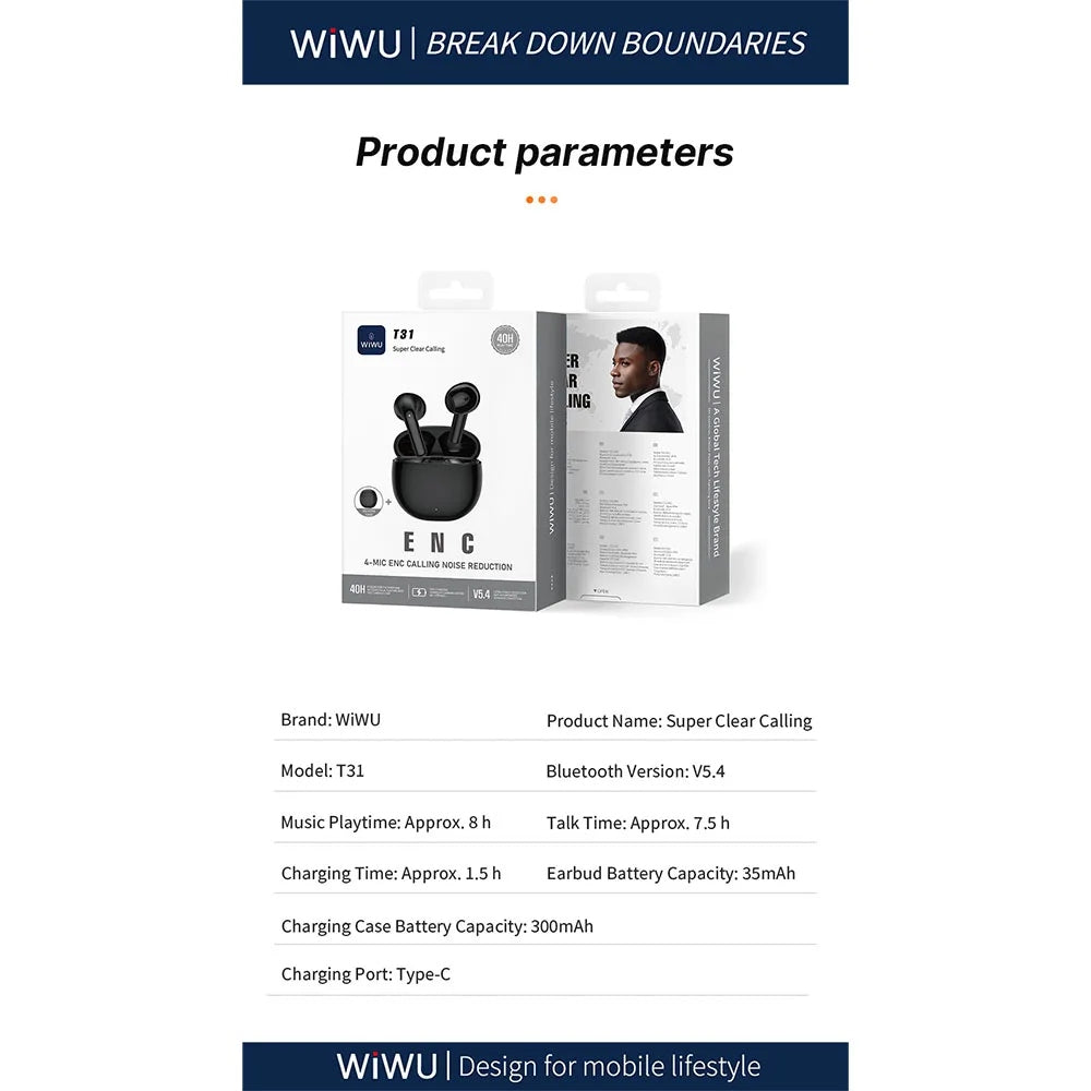 WiWU T31 ENC หูฟังไร้สาย Wireless Earbuds