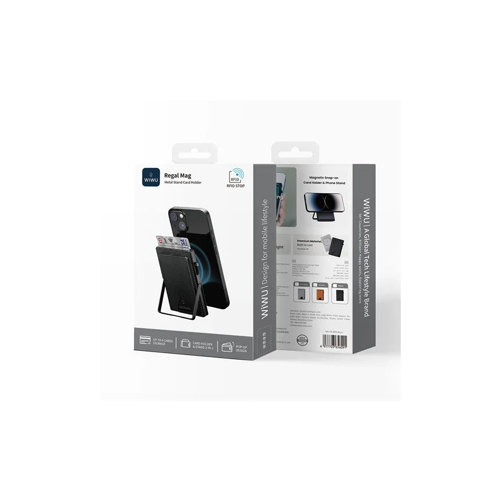 WiWU Regal Magnetic Metal Stand Card Holder ที่เก็บบัตรและขาตั้งติดหลังมือถือ