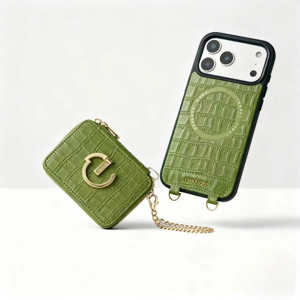 Custype Crocodile Pattern Leather with Pouch & Silk Scarf Wrist Strap เคสกันกระแทกสำหรับ iPhone 17 Pro Max