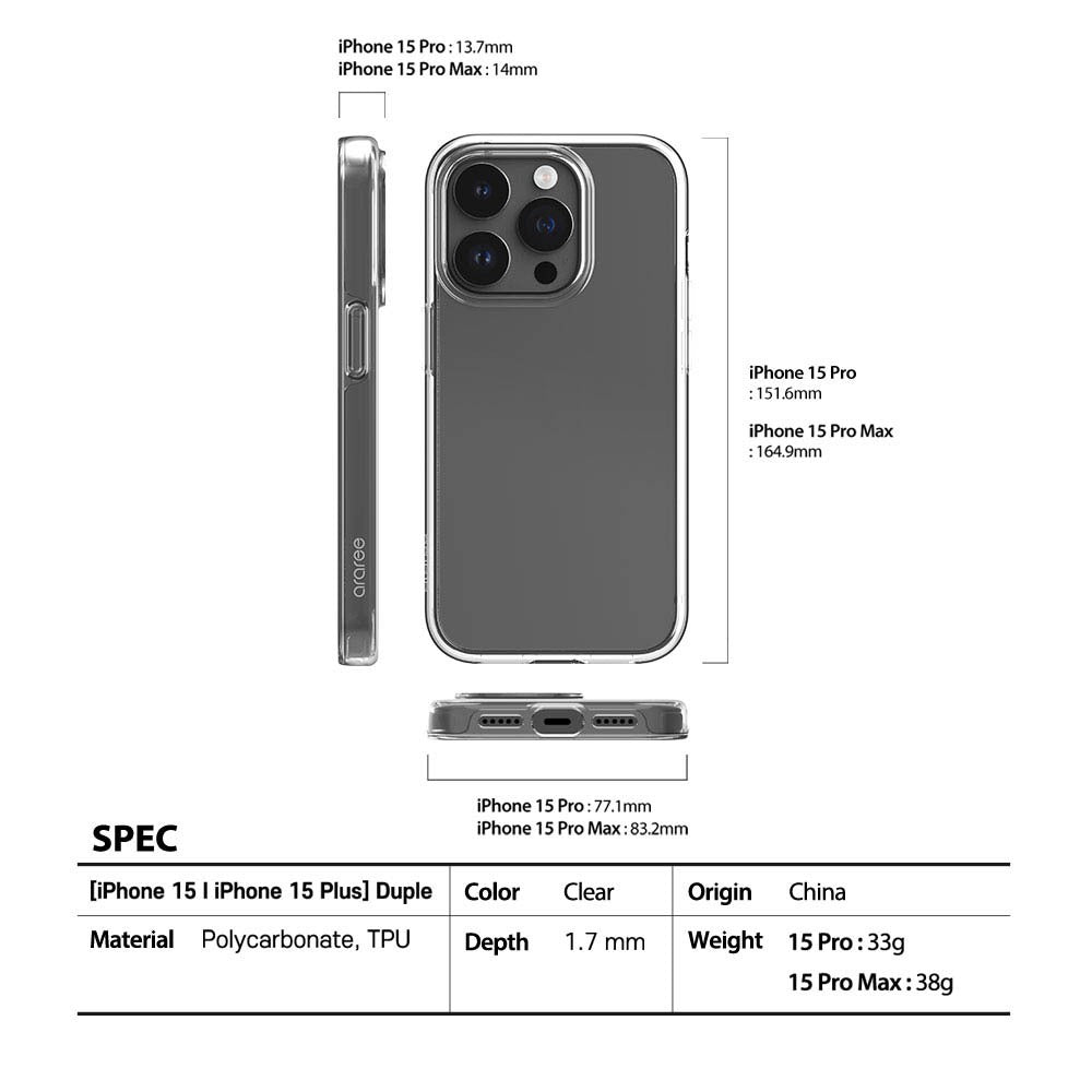 ARAREE Duple เคสใสกันกระแทก สำหรับ 15 / 15 Plus / 15 Pro / 15 Pro Max
